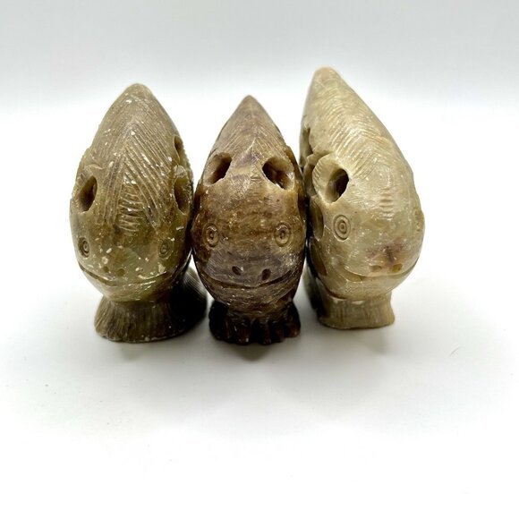 Vintage Hand Carved Indian Soapstone Jali Fish Sculptures w/ Inner Figurine Boho - Picture 8 of 8
